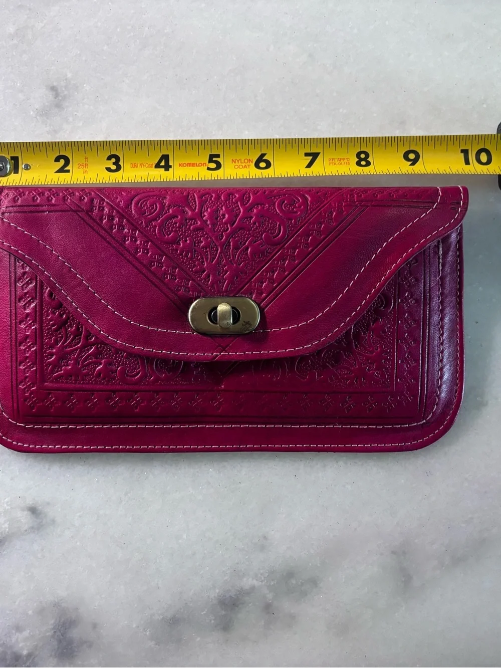 Authentic Moroccan Hand-Tooled Leather Clutch Wallet | Magenta Wristlet